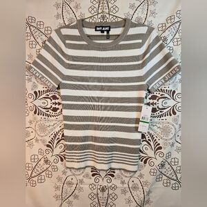 DKNY Women's Ribbed Striped Crew Neck Sweater - Gray and White L